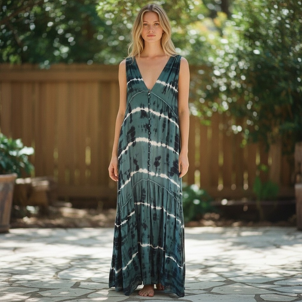 YFB Young Fabulous & Broke Teal Tie Dye Button Front Maxi Dress XS Boho Tiered
